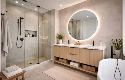 İzmir’de modern banyo yenileme çalışması, ölçüye özel banyo dolabı ve duş alanı